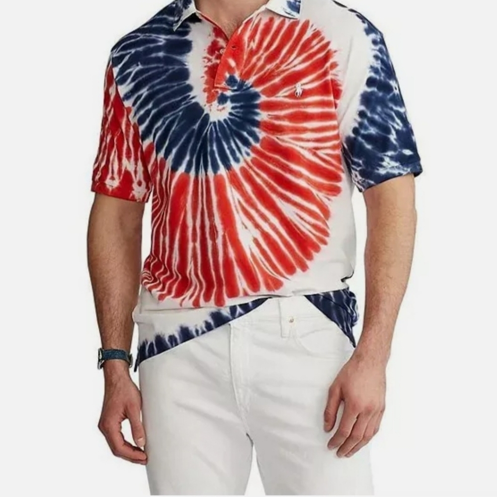 Polo Ralph Lauren Blue Label Men's Polo Tie Dyed Red White and Blue Shirt USA